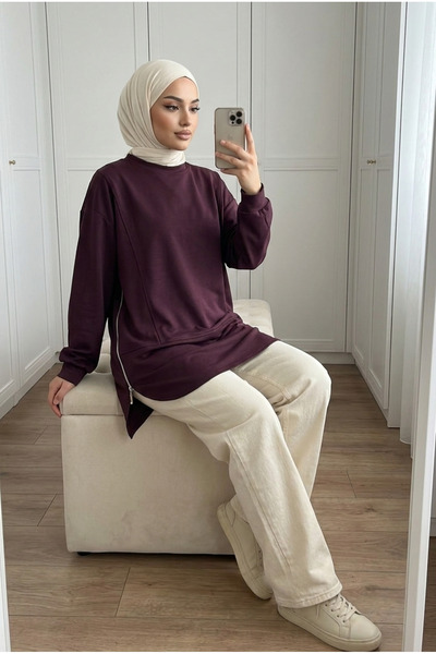 Kirazca Butik Women's Double Side Zipper Loose Cut Long Sweat Tunic