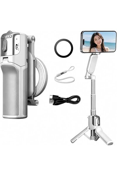 Generic Zoomable Magnetic Palm Grip, Selfie Stick Tripod with Fill Light (White)