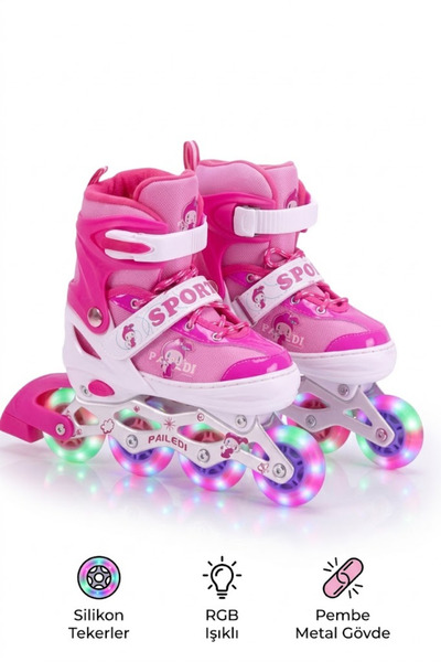 Furkan Toys Pembe Silikon Tekerli Çocuk Ayarlanabilir (2+2) Paten Pembe 4 Tek...