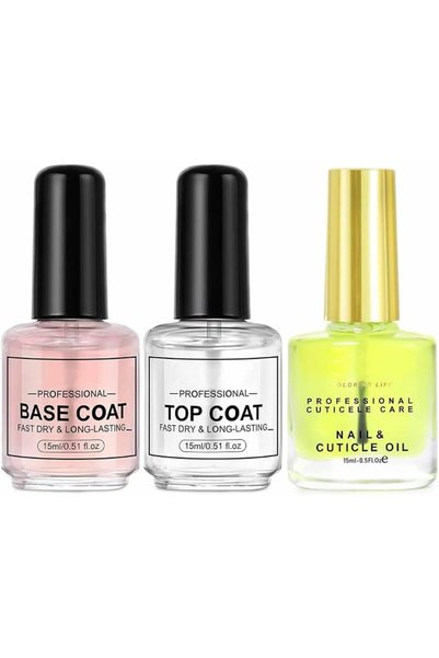 TERRIFI Quick Dry Nail Polish Set, 3Pcs Base Coat Top Coat and Cuticle Oil Ki...