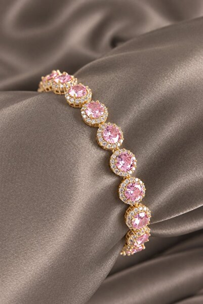 serelya Brass Pink Zircon Stone Circle Baguette Model Gold Color Vip Series W...