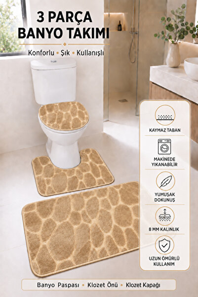3’lü Banyo Paspası Halısı Seti Kaymaz Tabanlı Yıkanabilir Klozet Takımı (Desenli)