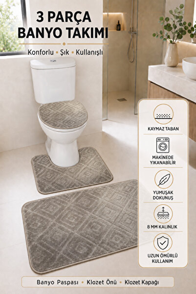 3’lü Banyo Paspası Halısı Seti Kaymaz Tabanlı Yıkanabilir Klozet Takımı (Desenli)