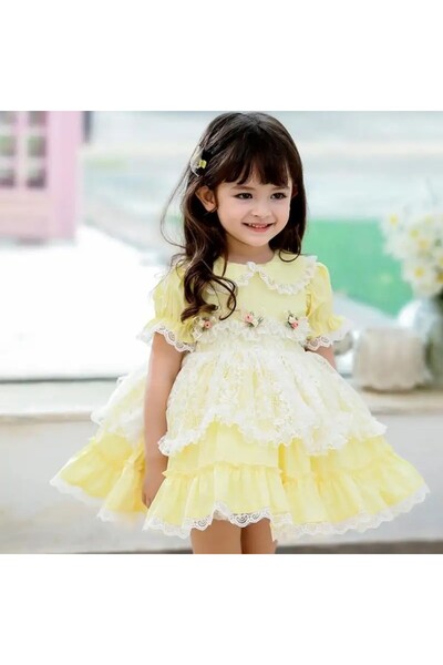 JC Luxury Bright Yellow Embroidered Lace Collar Layered Tiered Dress for Girl...