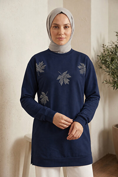 unika boutique Kadın Taş İşlemeli Yaprak Desenli Uzun Tunik Sweatshirt