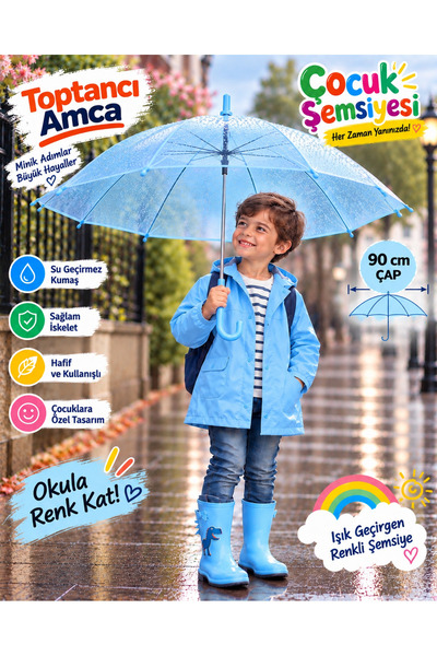 Toptancı Amca Çocuk Şemsiyesi 90 cm Renkli Şeffaf 8 Telli Işık Geçiren Yağmur...