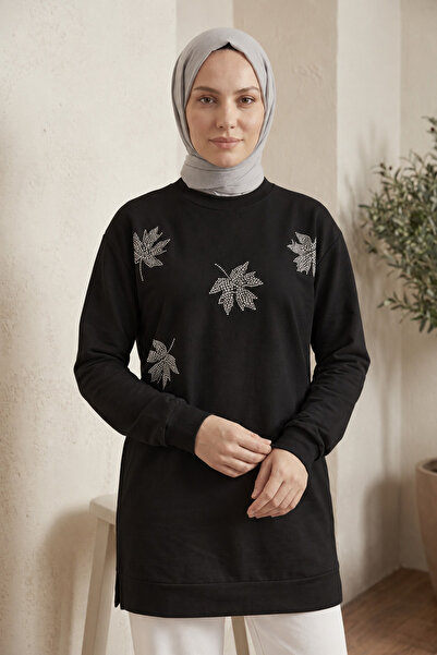 unika boutique Γυναικείο μακρύ φούτερ τουνίκ με πέτρινο κεντημένο σχέδιο φύλλων