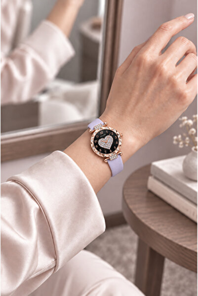 Geneva Suni Deri Pembe Kordonlu Büyük Kalp Desenli Siyah Kadran 34 mm Kadın K...