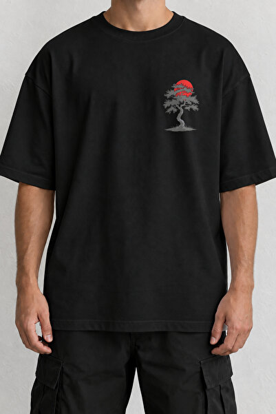 CrowsGate Tricou Red Sun Bonsai Minimal cu imprimeu frontal Negru Oversize