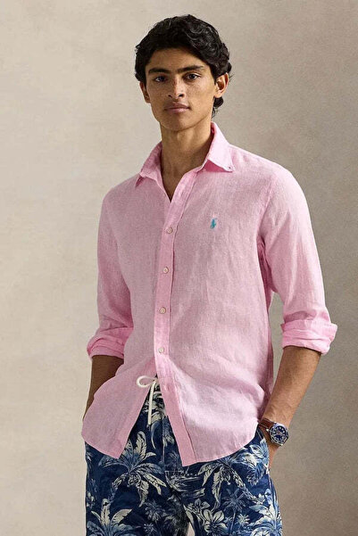 Ralph Lauren Blue Midilli Nakışlı Klasik Kesim Keten Gömlek
