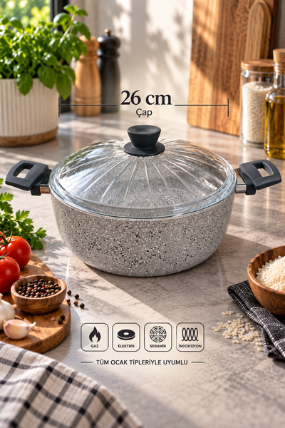 FİTHOME 26 cm Granit Pilav Tenceresi Cam Kapaklı İndüksiyon Uyumlu Yanmaz Yapışmaz – Geniş Tabanlı Orta Boy
