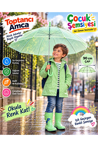 Toptancı Amca Çocuk Şemsiyesi 90 cm Renkli Şeffaf 8 Telli Işık Geçiren Yağmur...