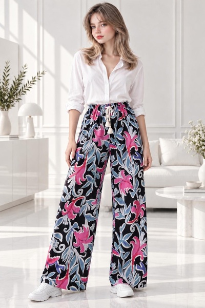 Bluewhs Kadın %100 Viskon Premium Floral Desenli Palazzo Salaş Pantolon – Bel...