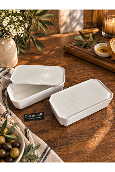 CASA DE BELLA Pure White 2 Li Dikdörtgen Kapaklı 18,5x9cm Porselen Kase Kahva...