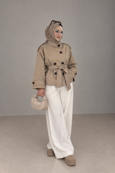 BNGL Boutique High Collar Beige Belted Trench Coat