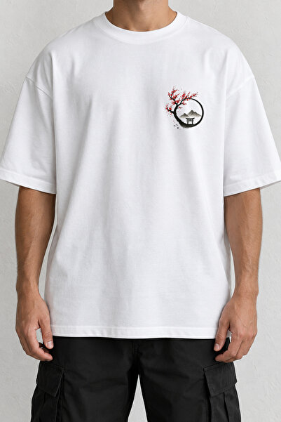 CrowsGate Sakura Torii Minimal Front Printed T-Shirt White Oversize