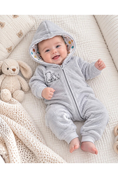 hümabebe Teddy Bear Embroidered Hooded Velvet Baby Jumpsuit with Full-Length ...