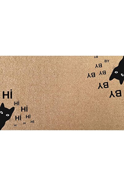 Kaymaz Tabanlı Baskılı Şık Kapı Önü Paspası 45x70 cm Coco Hasır Görünümlü Velür kedi fiğürlü Paspas