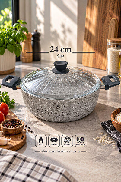 FİTHOME 24 cm İndüksiyon Tabanlı Granit Pilav Tenceresi Cam Kapaklı 3 - 5 Kişilik