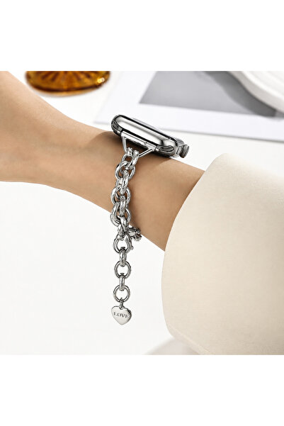 kılıf benim Apple Watch Kadın Kalp Charm Detaylı Zincir Metal Kordon 38/40/41...