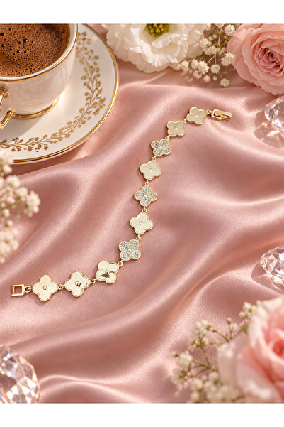 JAMMY JEWERLY Gold Renk Taşlı Yonca Motifli Şık Kadın Bileklik
