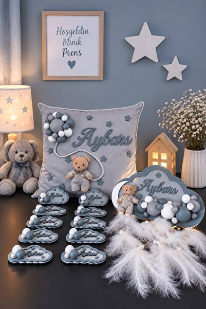 Ahşaplan Bubble Ledli Bebek Bulut Kapı Süsü Yastık ve Bulut Magnet Takımı | B...