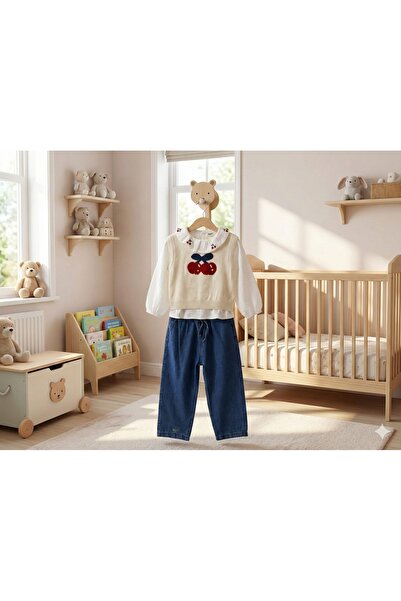Tuffy Kids Kirazlı Süveter Kız Çocuk Takım 3 Parça Ekru