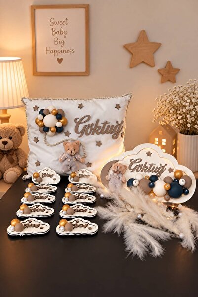 Ahşaplan Bubble Ledli Bebek Bulut Kapı Süsü Yastık ve Bulut Magnet Takımı | B...