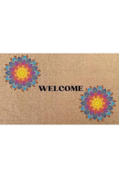 Kaymaz Tabanlı Baskılı Şık Kapı Önü Paspası 45x70 cm Coco Hasır Görünümlü Velür barış Paspası