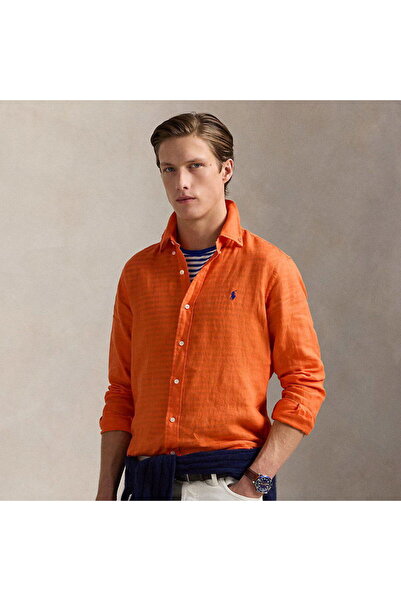 Ralph Lauren Blue Midilli Nakışlı Klasik Kesim Keten Gömlek