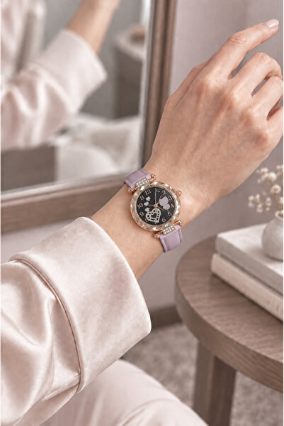 Geneva Suni Deri Pembe Kalp ve Kelebek Desenli Siyah Kadran 34 mm Kadın Kol S...