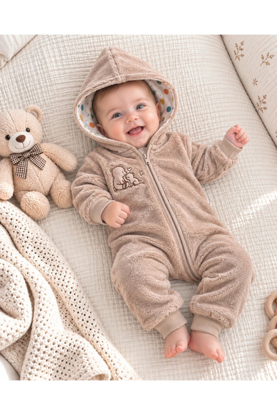 hümabebe بدلة أطفال مخملية بسحّاب كامل وقبعة مزينة بتطريز دمية دب