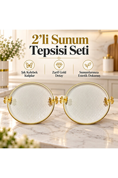 Genel Markalar 2’li Yuvarlak Sunum Tepsisi Seti Gold Kelebek Kulplu Petek Des...