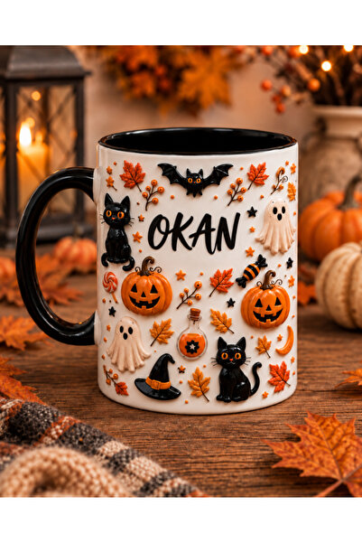 AION CASA Kişiye Özel İsimli Halloween Konseptli Siyah İç ve Kulp Detaylı Kup...