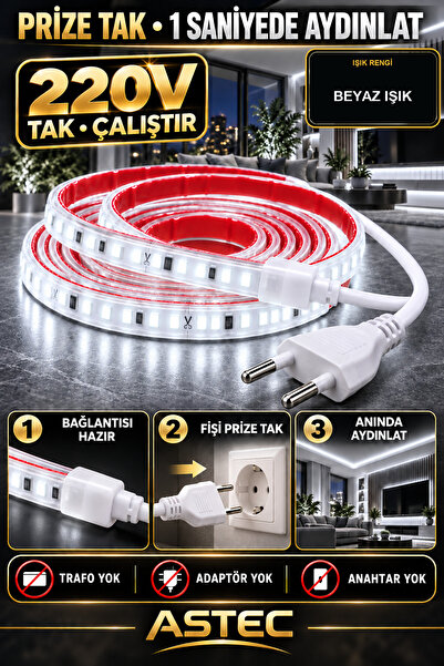 ASTEC Yapışkanlı 1 Metre Beyaz 220V Silikonlu Şerit LED Yüksek Güç Tak Çalıştır İç Dış Mekân Su Geçirmez