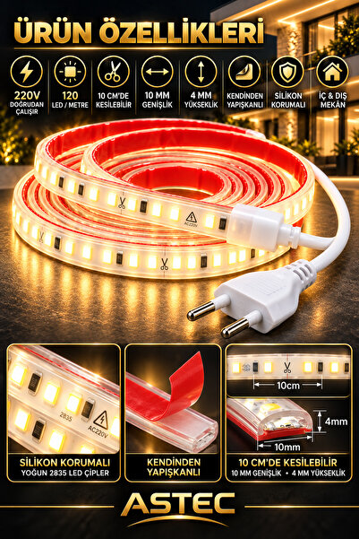 ASTEC Yapışkanlı 1 Metre Gün Işığı 220V Silikonlu Şerit LED Yüksek Güç Tak Çalıştır İç Dış Mekân Su Geçirmez
