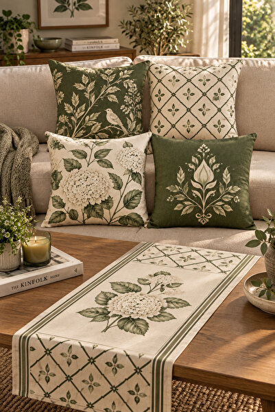 Nari Collections Botanik Bahçe 4-Piece Cushion Cover + 1 Runner Set – 43X43 c...