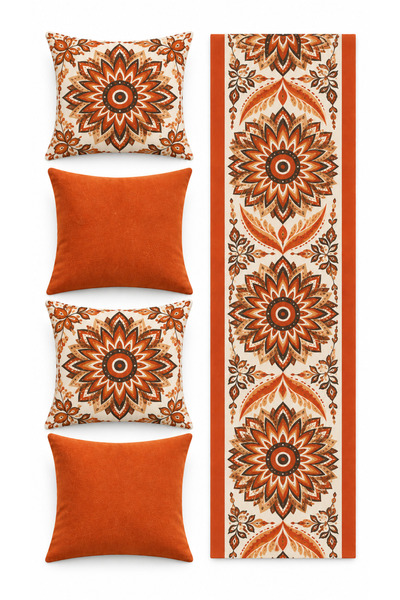 Nari Collections Cinnamon Mandala 4-Piece Cushion Cover + 1 Runner Set – 43X43 cm Double-Sided Cover, 40X140 cm Runner
