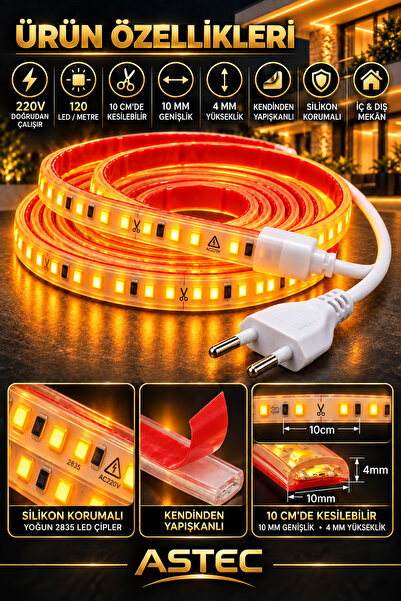 ASTEC Yapışkanlı 1 Metre Amber 220V Silikonlu Şerit LED Yüksek Güç Tak Çalıştır İç Dış Mekân Su Geçirmez