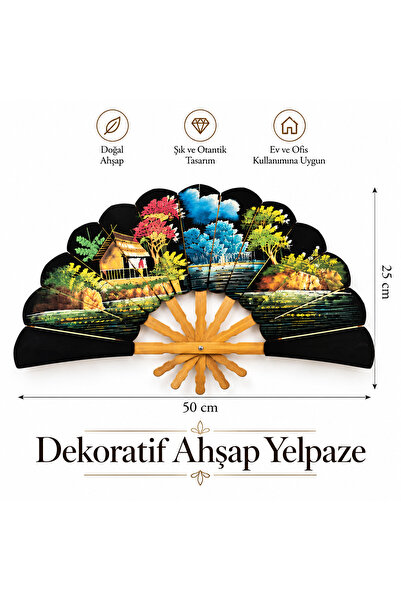 Dekoratif Ahşap Yelpaze Duvar Dekoru Otantik Asya Desenli Ev ve Ofis Dekorasyonu 50x25 cm