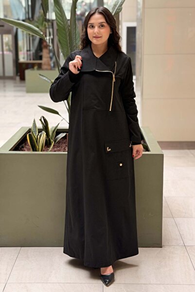 Nuss Collar Zipper Detailed Full Length Dress with Pockets