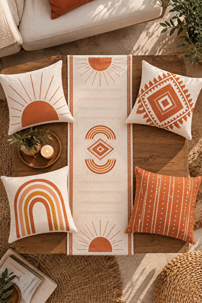 Nari Collections Bohem Gün Batımı 4’lü Kırlent Kılıfı + 1 Runner Seti – 43x43...