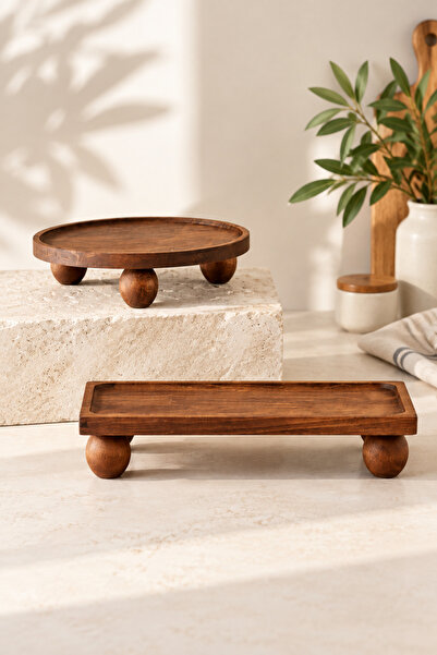KaiHome Set of 2 Natural Wooden Presentation Stands – Round and Rectangular S...