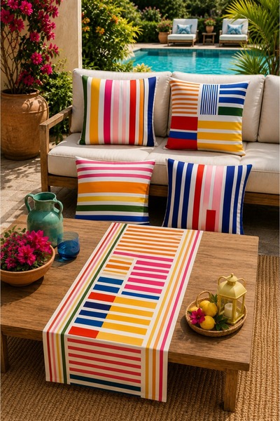 Nari Collections Colorful Lines 4-Piece Cushion Cover + 1 Runner Set – 43X43 ...