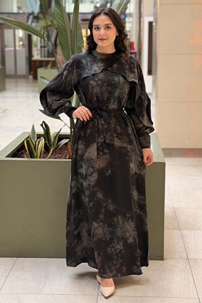Nuss Cloud Pattern Vegan Silk Dress with Covered Shoulders