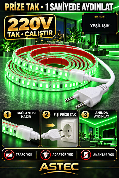 ASTEC Yapışkanlı 1 Metre Yeşil 220V Silikonlu Şerit LED Yüksek Güç Tak Çalıştır İç Dış Mekân Su Geçirmez