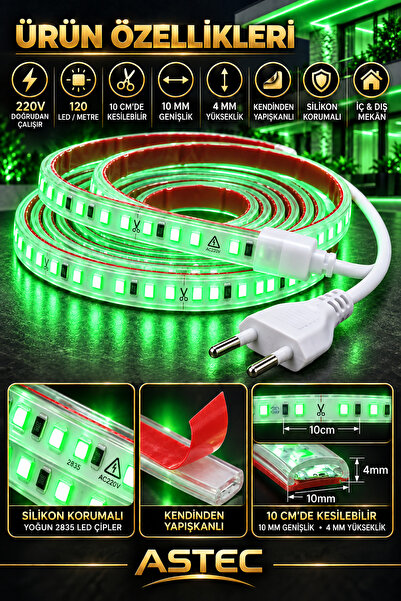 ASTEC Yapışkanlı 1 Metre Yeşil 220V Silikonlu Şerit LED Yüksek Güç Tak Çalıştır İç Dış Mekân Su Geçirmez