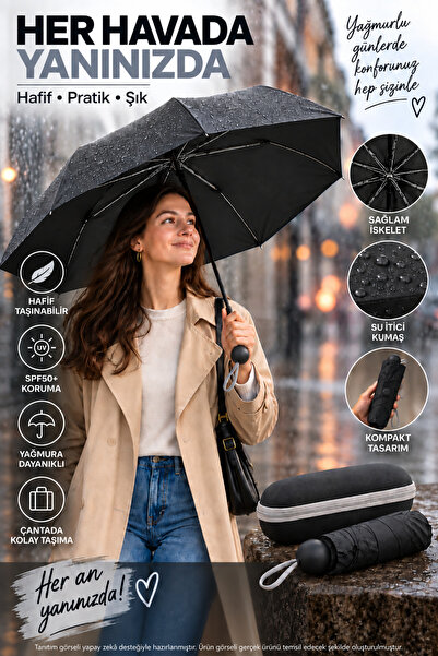 OpenCity Kapsül Şemsiye Mini Katlanır 100 cm Çap UV Korumalı Su İtici Kumaş 8...