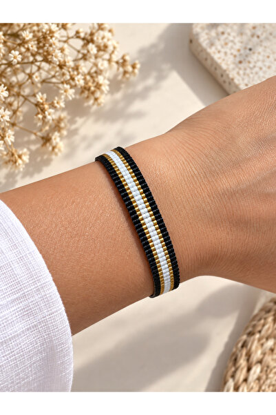 Zet Design Women's Miyuki Beaded Black and White Gold Knitted Bracelet – Hand...