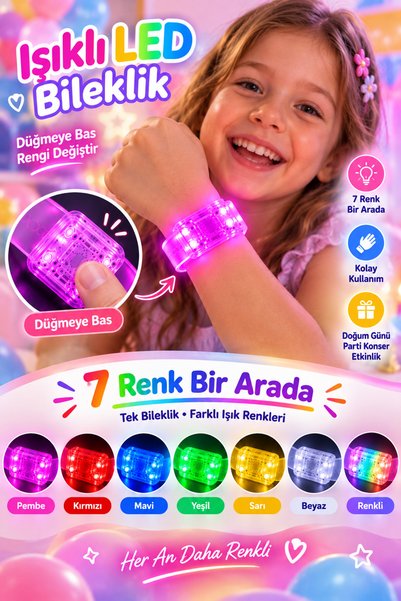 MİNGODAN Işıklı LED Çocuk Bilekliği 7 Renk Bir Arada – Düğmeli Renk Değiştire...